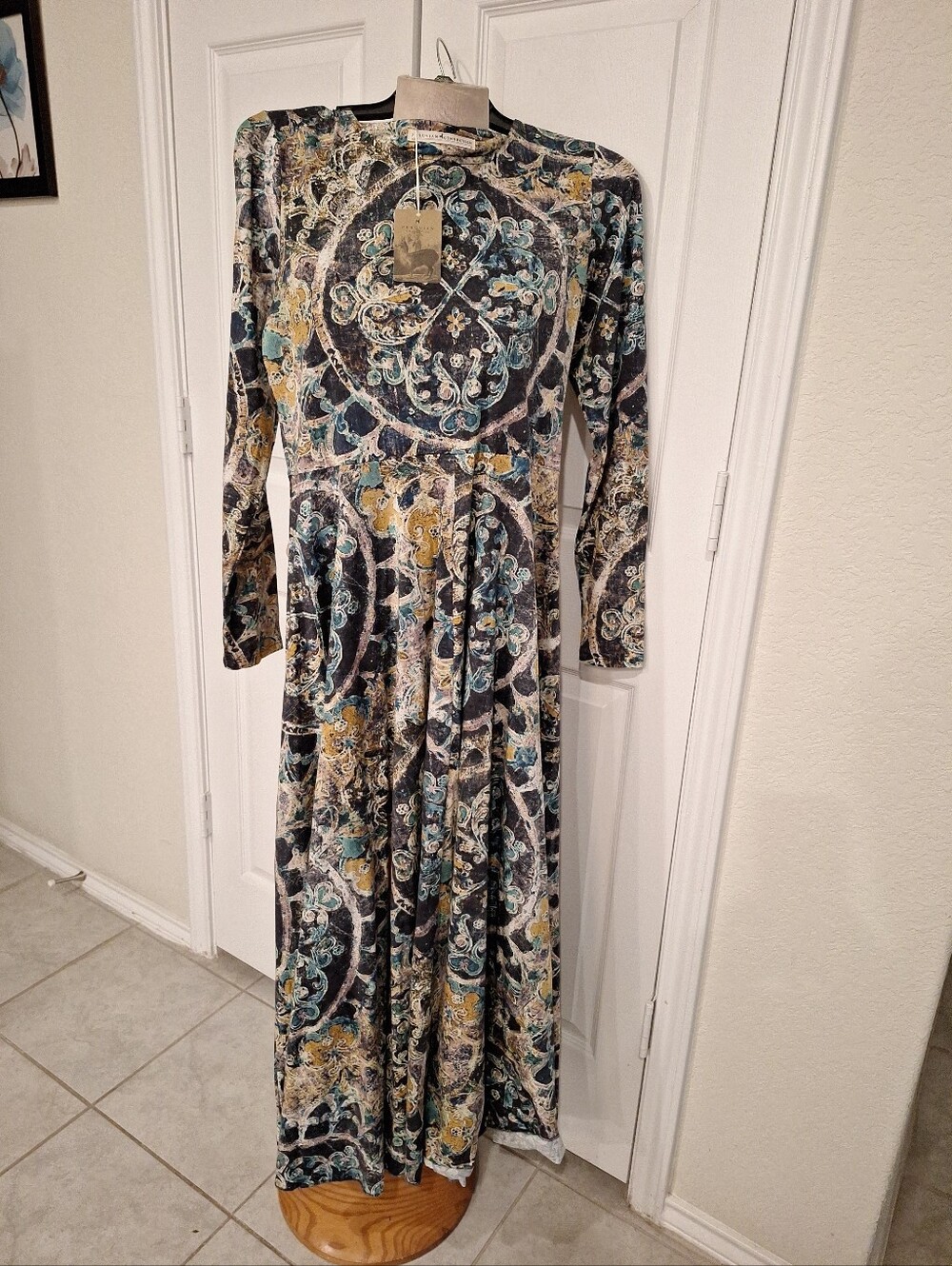 Peruvian Connection Long Sleeve Floral Maxi Dress in Teal, Mustard, and Black
